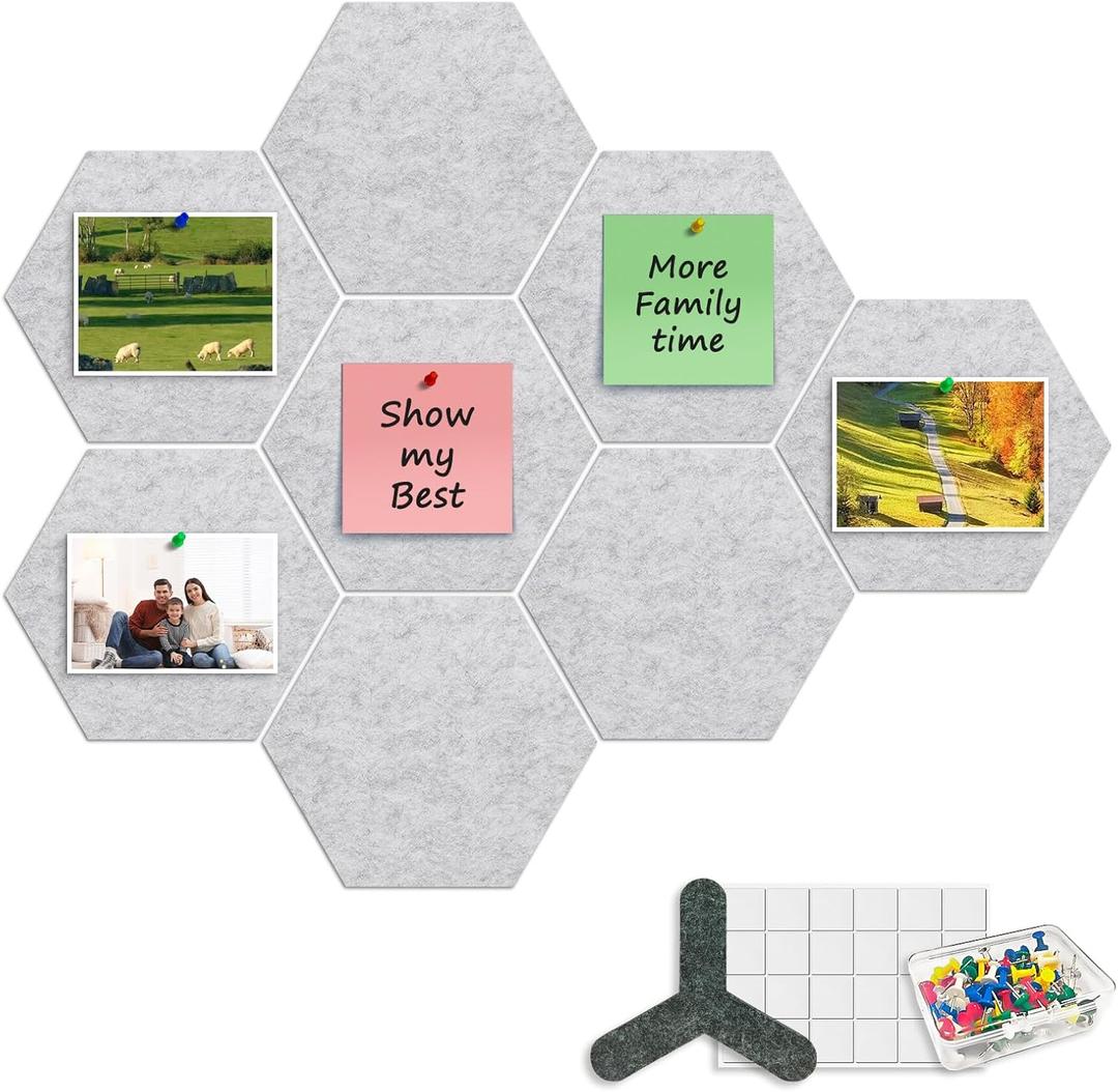 8-Pack Hexagon Felt Cork Board, 1/2" Thick Felt Bulletin Pinboard with 80 Push Pins, Adhesive Tabs, Geometric Cork Wall Tiles for Photos, Memos, Home & Office Decor (Light Grey)