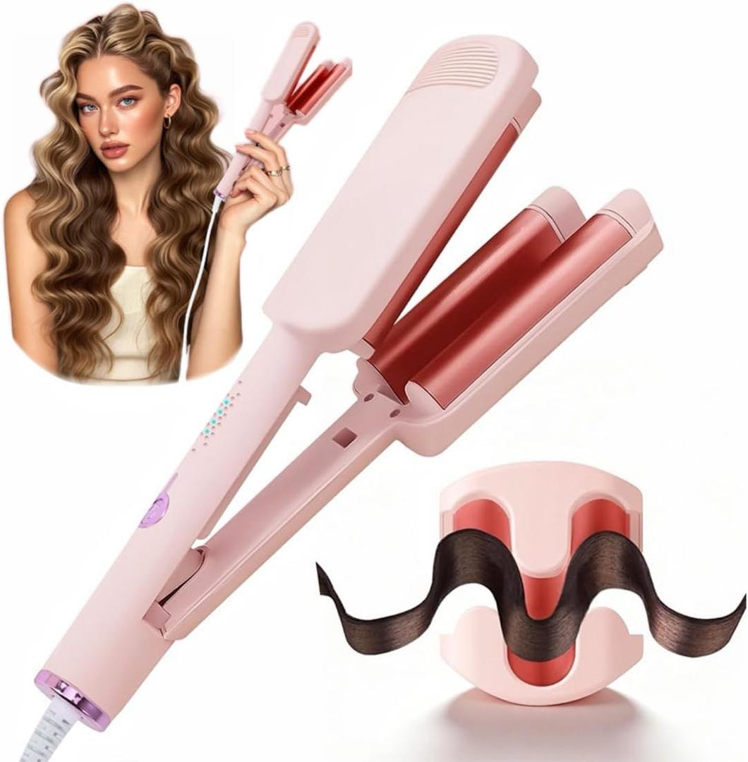 Curling Iron Hair Crimper Waver - CHIKYO 3 Barrel Rovy Wave Curling Iron, 1.25 Inch Ionic Beach Waves Curling Wand, Deep Waver Hair Curler Hot Tool with Ceramic for Women, Dual Voltage, Easy to Use (Pink)
