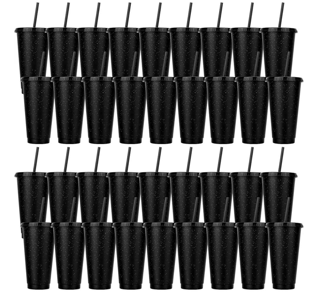 Plastic Tumblers With Lids and Straws, 36 Pcs Reusable Colorful Cups for Parties, Birthdays, Iced Coffee, Travel Mug, Cold Drinks (Black, 24 oz)