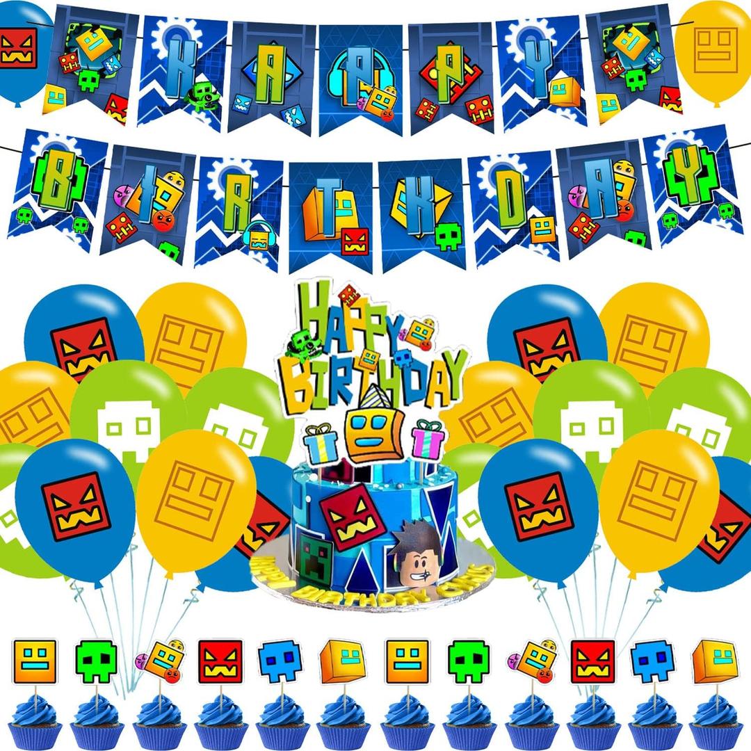 Geometry Aesthetic Dash Party Decorations,Dash Birthday Party Supplies Includes Banner - Cake Topper - 24 Cupcake Toppers - 18 Balloons