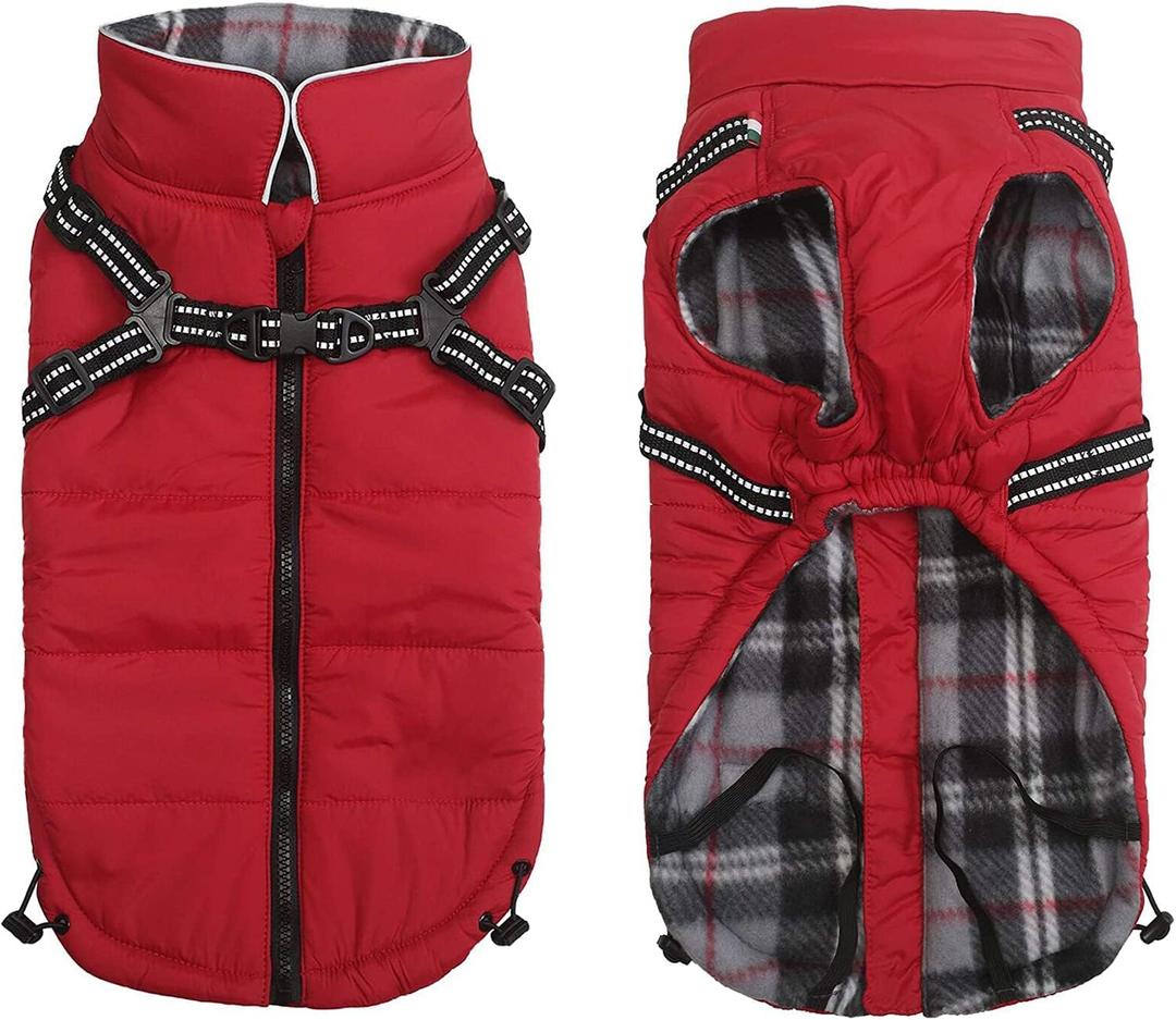 Geyecete Winter Warm Coat Waterproof Dog Winter Jacket with Harness Traction Belt,Pet Outdoor Jacket Dog Autumn and Winter Clothes-Red-L