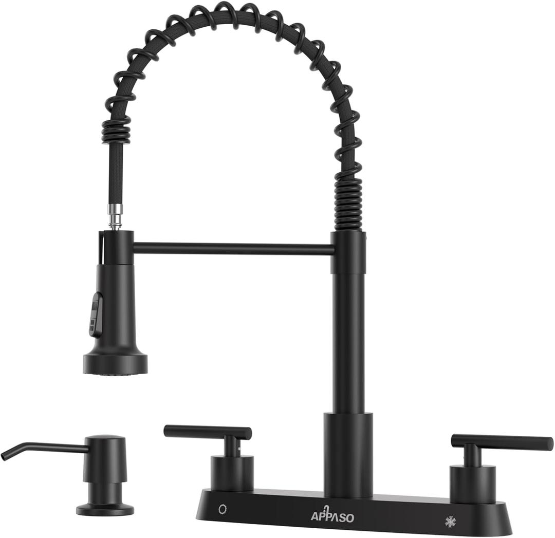 APPASO 4 Hole Kitchen Faucet, Matte Black 2 Handle Kitchen Faucet with Pull Down Sprayer, Modern Spring 3 Hole Faucet for Kitchen Sink3 Modes Kitchen Sink Faucet with Soap Dispenser