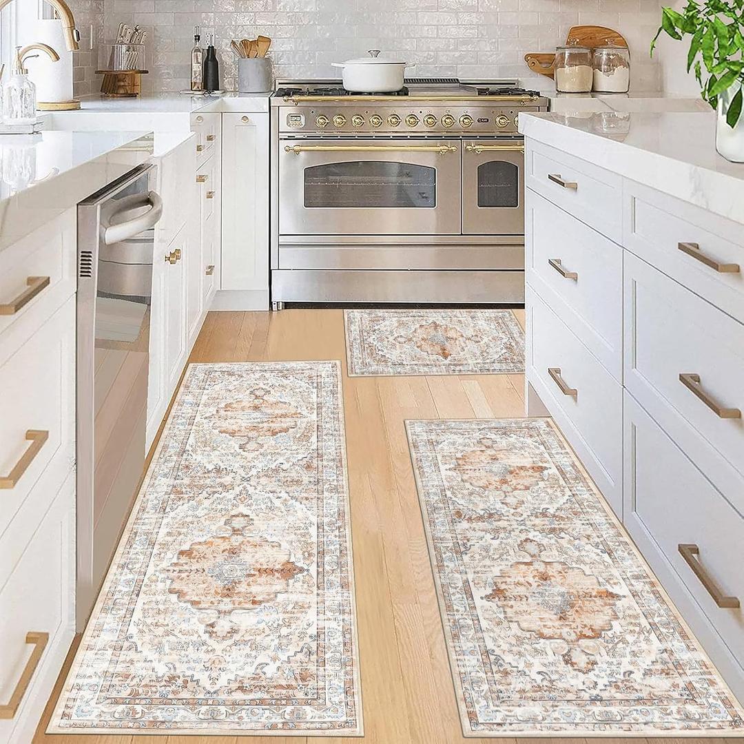 Ileading Boho Kitchen Rugs Sets 3 Piece with Runner Kitchen Floor Mat Carpet Farmhouse Kitchen Rugs and Mats Non Skid Washable Runner Rug for Kitchen Floor Office Sink Laundry, Light Brown