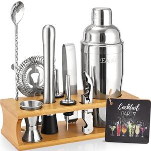Bartender Kit Cocktail Shaker Set with Stand Bar Tool Bar Set for Drink Mixing Home Bartending Kit 11-Piece Bar Cart Accessories: Martini Shaker, Mixer Spoon, Jigger, Muddler, Strainer & Recipes Gifts (Burlywood Silver - 11pcs)