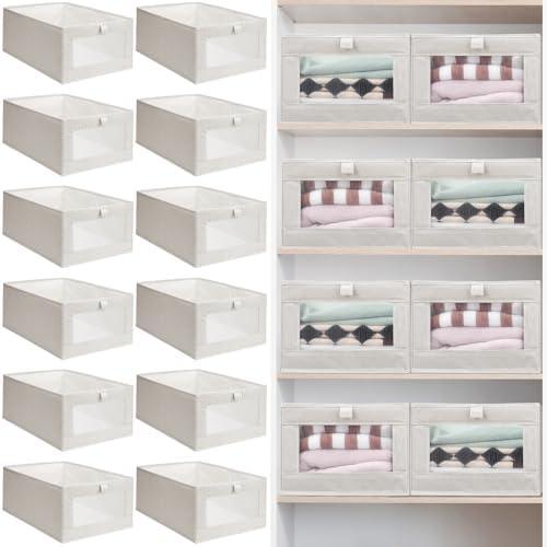 Kigley 12 Pcs Linen Closet Organizers and Storage Foldable Clothing Bins Large Foldable Box with Window Storage Baskets for Closet Shelf Clothes Jeans Toys Organization, Beige