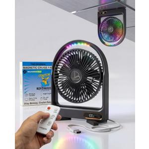 Magnetic Cruise Fan with Remote Control - Durable Rechargeable Battery, Multi-Color RGB LED Light, Sleep-Friendly Smart Display & Timer, Magnetically Sticks on Cabin Ceilings and Walls - Easy to Pack (Black)