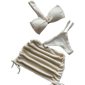 GORGLITTER Women's 3 Piece Swimsuits Textured One Shoulder Bikini Set with Beach Cover Up Skirt (Beige)