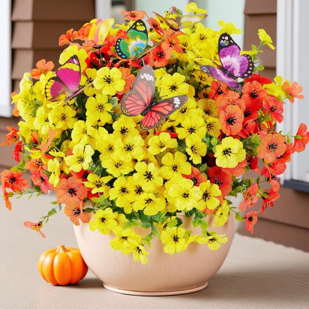 20 Bundles Artificial Flowers for Outdoors and 6 Faux Butterflies, UV Resistant and No Fade, Fake Flowers for Garden Patio Porch Home Decor Wedding Easter Mother's Day (Orange Yellow)