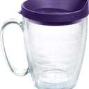 Tervis Clear & Colorful Lidded Made in USA Double Walled Insulated Tumbler Travel Cup Keeps Drinks Cold & Hot, 16oz Mug, Royal Purple Lid