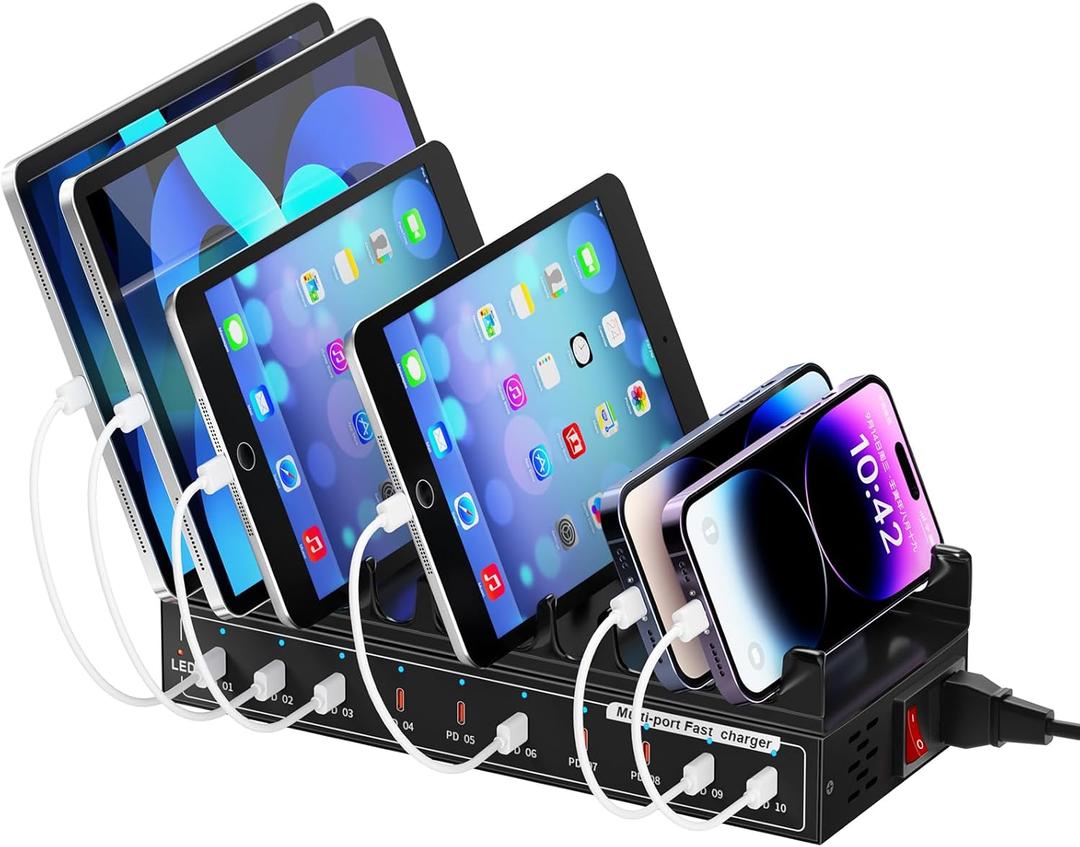 Desktop Charging Station, 200W 10-Port USB C Fast Charger for Multiple Devices - Compact Organizer