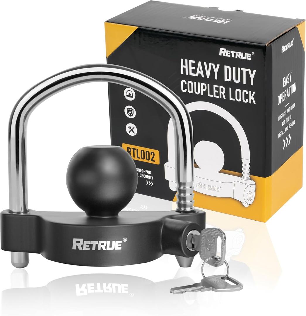 RETRUE Universal Coupler Lock Trailer Locks Ball Hitch Trailer Hitch Lock Adjustable Security Heavy-Duty Steel Fits 1-7/8 Inch, 2 Inch, 2-5/16 Inch Couplers, Matte Black