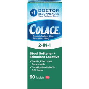 Colace 2-in-1 Stool Softener Plus Stimulant Laxative Tablets, 60 Count (Pack of 1), Gentle Constipation Relief, Docusate Sodium Plus Sennosides