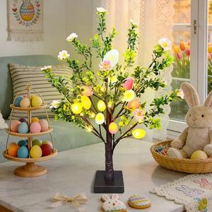 22 Inch Lighted Easter Tree Decorations with 12 Pink Flowers & 12 Eggs, Battery Operated Tabletop Artificial Spring Tree with Timer, DIY Prelit Easter Decor for Home Indoor Centerpiece
