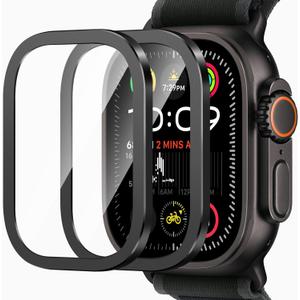 Amizee 2 Pack Metal Case Compatible with Apple Watch Ultra 3/2/1 Screen Protector Case 49mm with Tempered Glass, Metal Frame Built in HD Glass Protective Cover for iWatch 49mm (A-Black)