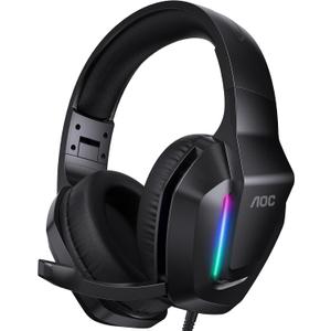 AOC Wired Gaming Headset, Surround Sound Headphones for Xbox Series X|S PS5 PC Switch, Noise Canceling Over-Ear Gaming Mic, RGB Lights, 50mm Drivers, 3.5mm Jack, Black