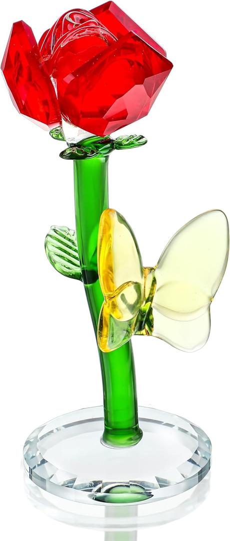 H&D HYALINE & DORA Red Crystal Rose Flower Figurine Butterfly Decor Glass Flowers with Stems Gift for Christmas Valentine's Day Mothers Day Birthday Home Table