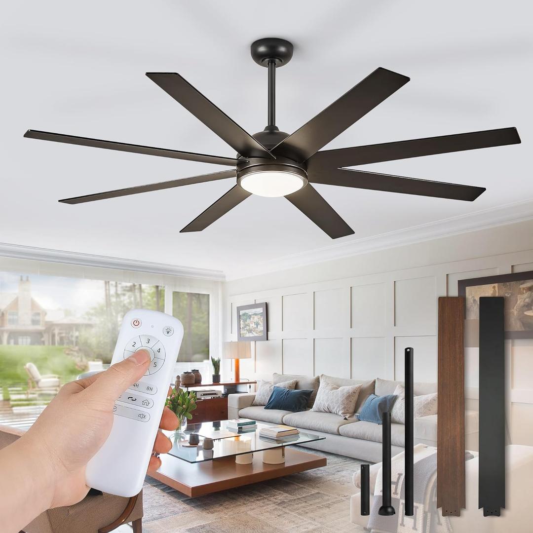 Fanbulous Ceiling Fan with Light, 72 inch Large Black Ceiling Fan with Light and Remote, Indoor/Outdoor use for Living Room Patio, 6 Speeds, Reversible Quiet DC Motor, 3 CCT, Bi-color 8 Blades