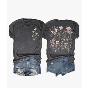 Women's Vintage Flowers Shirt Casual Boho Floral Printed T-Shirt Sunflower Wildflowers Graphic Tees Tops for Girl, L