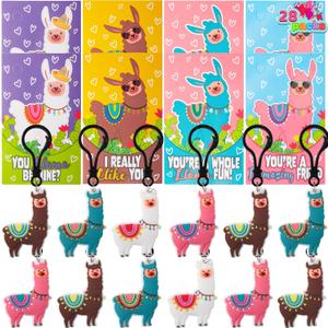 JOYIN 28 Pack Valentines Day Gifts Cards for Kids with Llama Keychain for Valentine's Classroom Exchange Cards and Valentines Party Favor