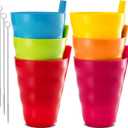Kids Cups with Straw  Set of 6 Toddler Cups with BuiltIn Straw 10 Oz BPA-Free Plastic Drinking Cups for Kids Top Rack Dishwasher Safe