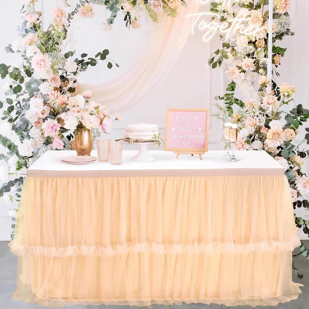 14ft Champagne Tulle Table Skirts for Rectangle Tables 2 Layer Fluffy Tutu Table Cloth for Birthday Party Baby Shower Wedding Banquet Decoration (L14(ft)* H30in)