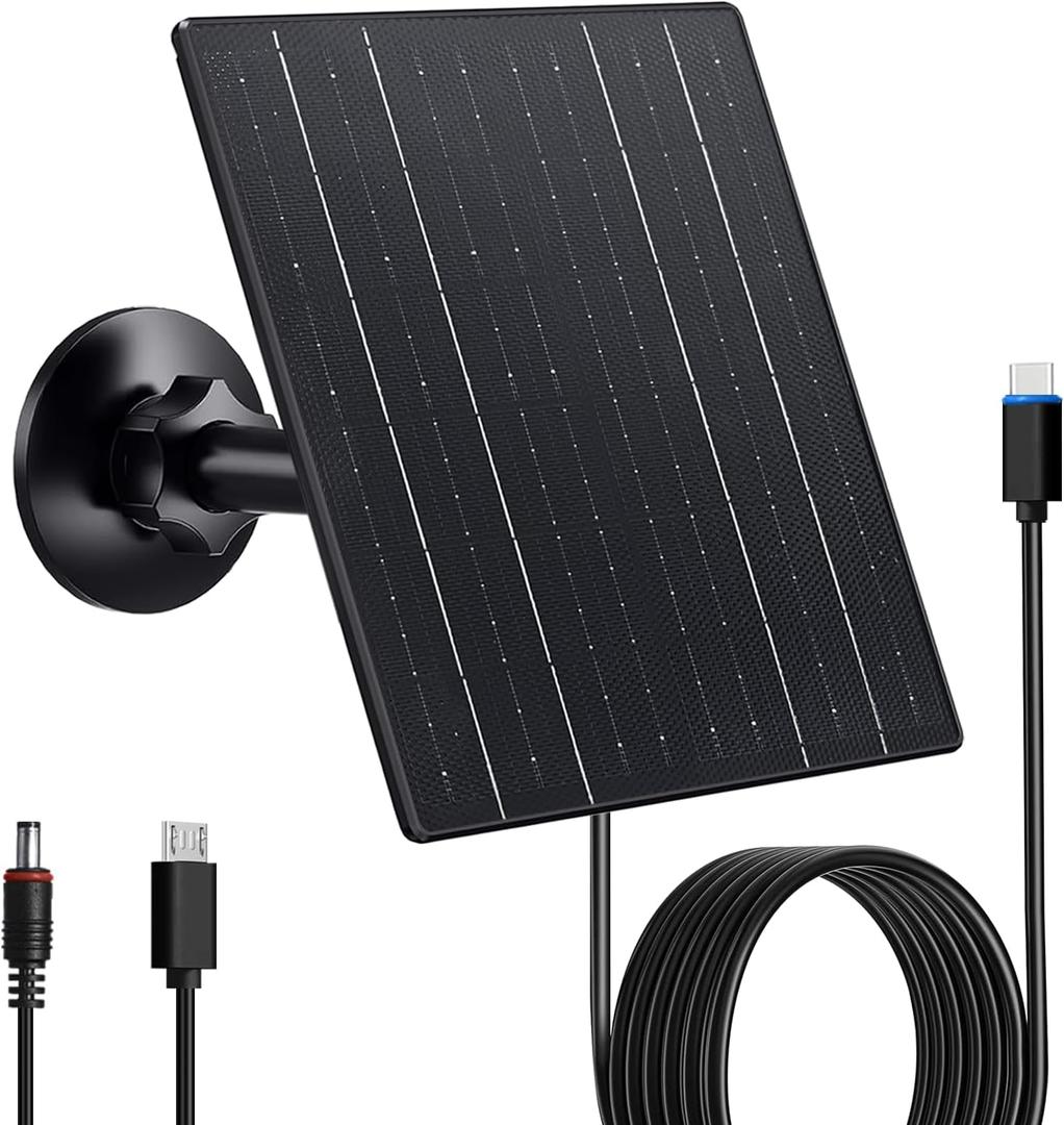 Zivif 10W Solar Charger, 5V Solar Panel for Security Cameras with USB-C/Micro USB/DC 5.5x2.1mm Ports, IP66 Waterproof, 360 Adjustable Mount & 7.2ft Cable