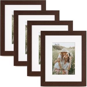 Momentworth 8x10 Picture Frame with Mat for 5x7 Set of 4, Walnut Wood Grain 8 x 10 Dark Brown Gallery Wall Picture Frames for Tabletop or Wall Mounting(4 Pack, Walnut)
