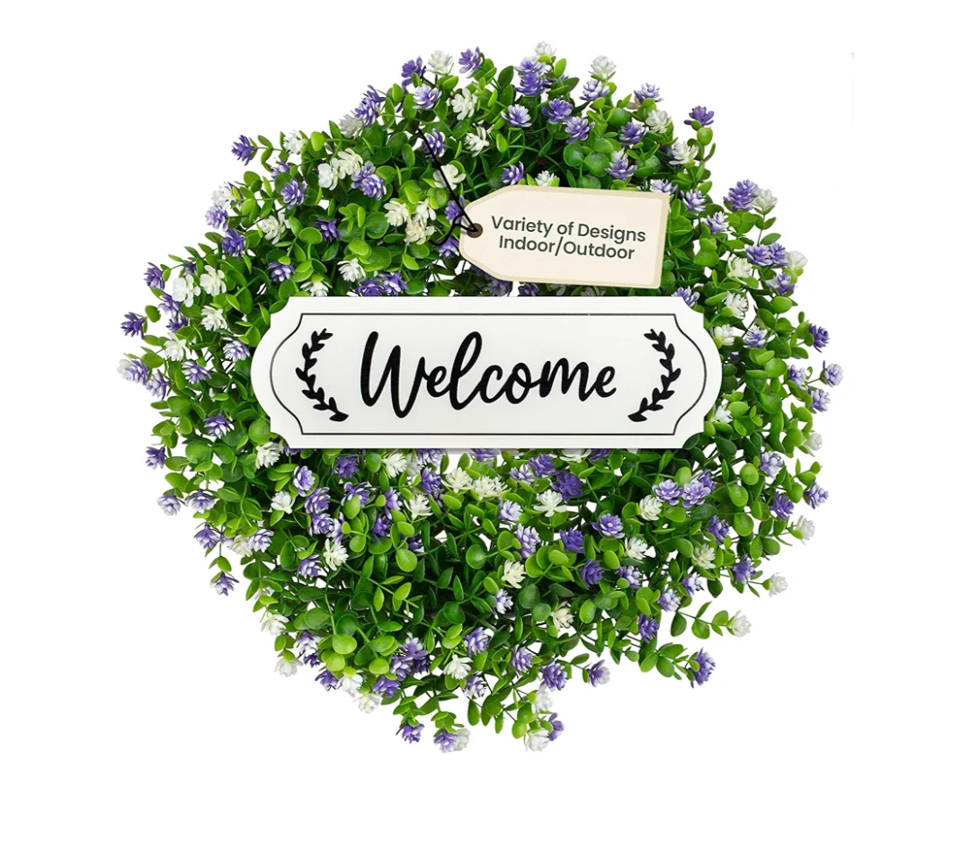 Artificial Blue Camellia Welcome Wreath for Front Door - Faux 19 Inch Front Door Wreath with White Welcome Sign for Front Door, Outside Wall, Window, Outdoor Party, Holidays