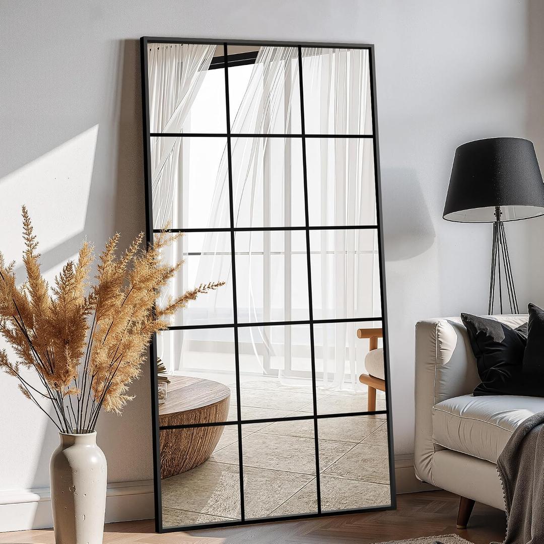 Large Window Pane Full Length Mirror for Wall, 28"x55" Black Rectangular Wall Mirror for Living Room, Bedroom, Entryway, Hanging or Leaning