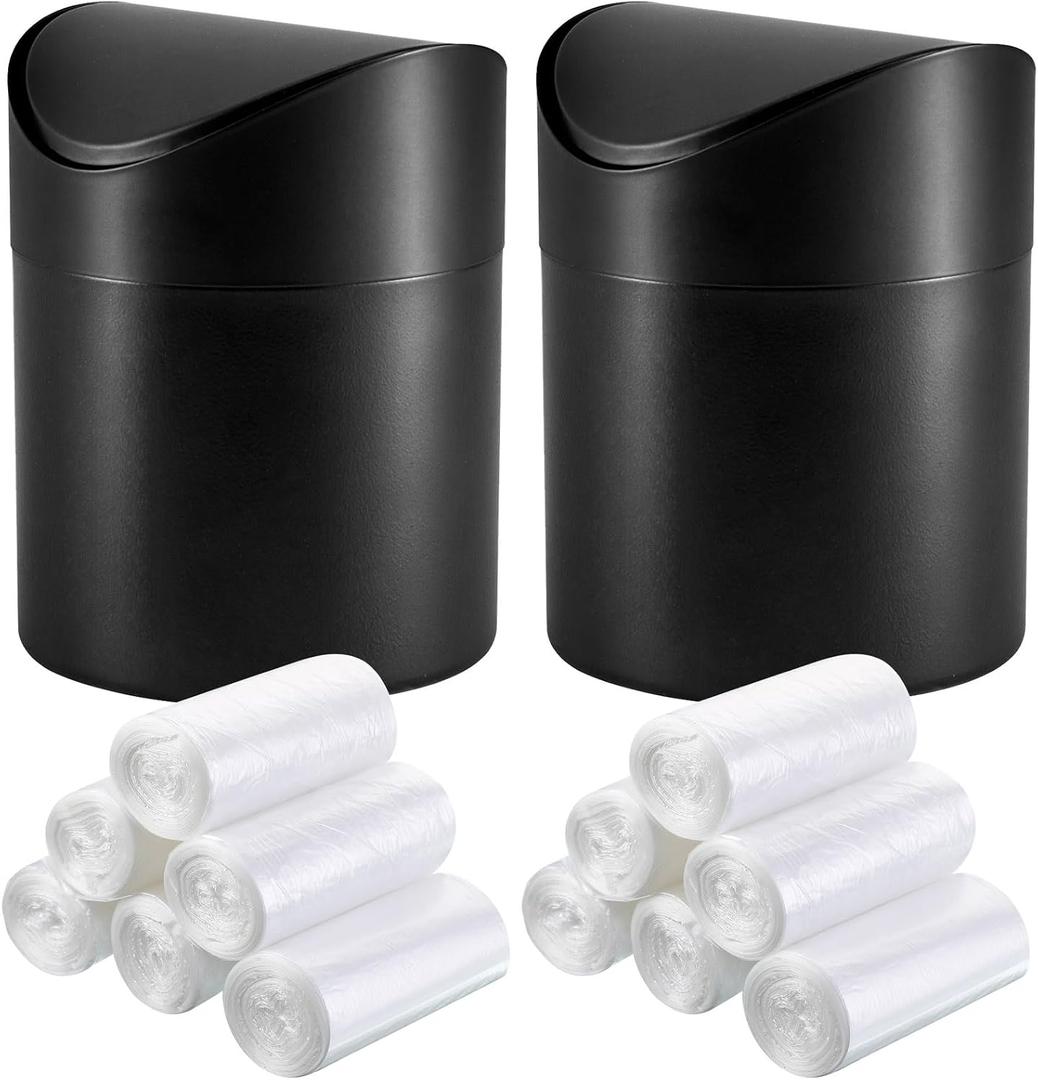 2 Pcs Desk Trash Can with Swing Lids, 12 Rolls of Trash Bags, 2L Brushed Stainless Steel Countertop Garbage Bin Small Wastebasket with Lid for Office Desk, Coffee Table (Black)