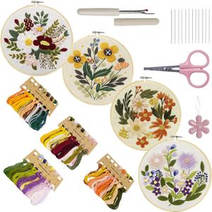 Bonroy 4 Sets Embroidery Kit for Beginners Art Craft Handy Sewing Include Embroidery Clothes with Pattern, Hoops, Instructions, Color Threads Needle Kit (Multi 1)