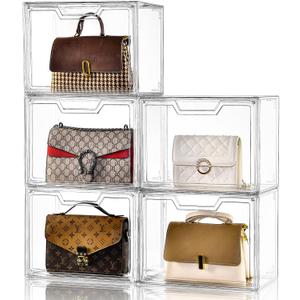 Purse Organizer for Closet, Clear Acrylic Display Case for Handbag Organizer, Purse Storage Box with Magnetic Door, Plastic Storage Bins for Book, Collectibles, Cosmetic (5 Pack)