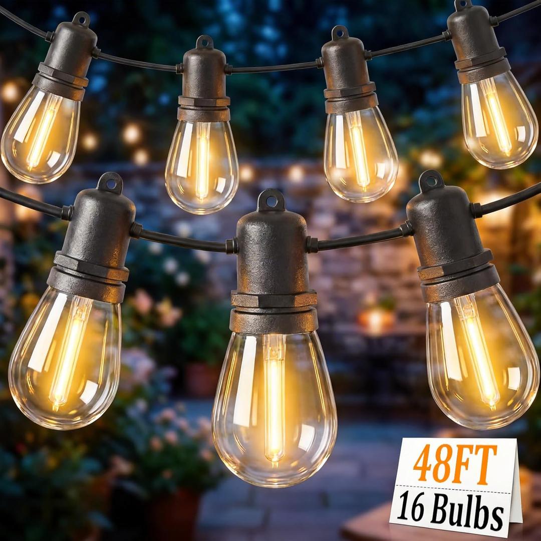 S14 Patio String Lights, 48FT Outdoor Patio String Light with 17 Clear LED Bulbs (1 Spare), UL Certified Waterproof Hanging Lights for Outdoor & Indoor - Commercial Grade Black Wire