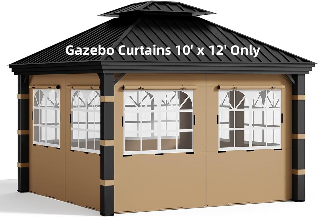 10x12 Gazebo Curtains with PVC Windows, 4 Privacy Side Panels, Brown
