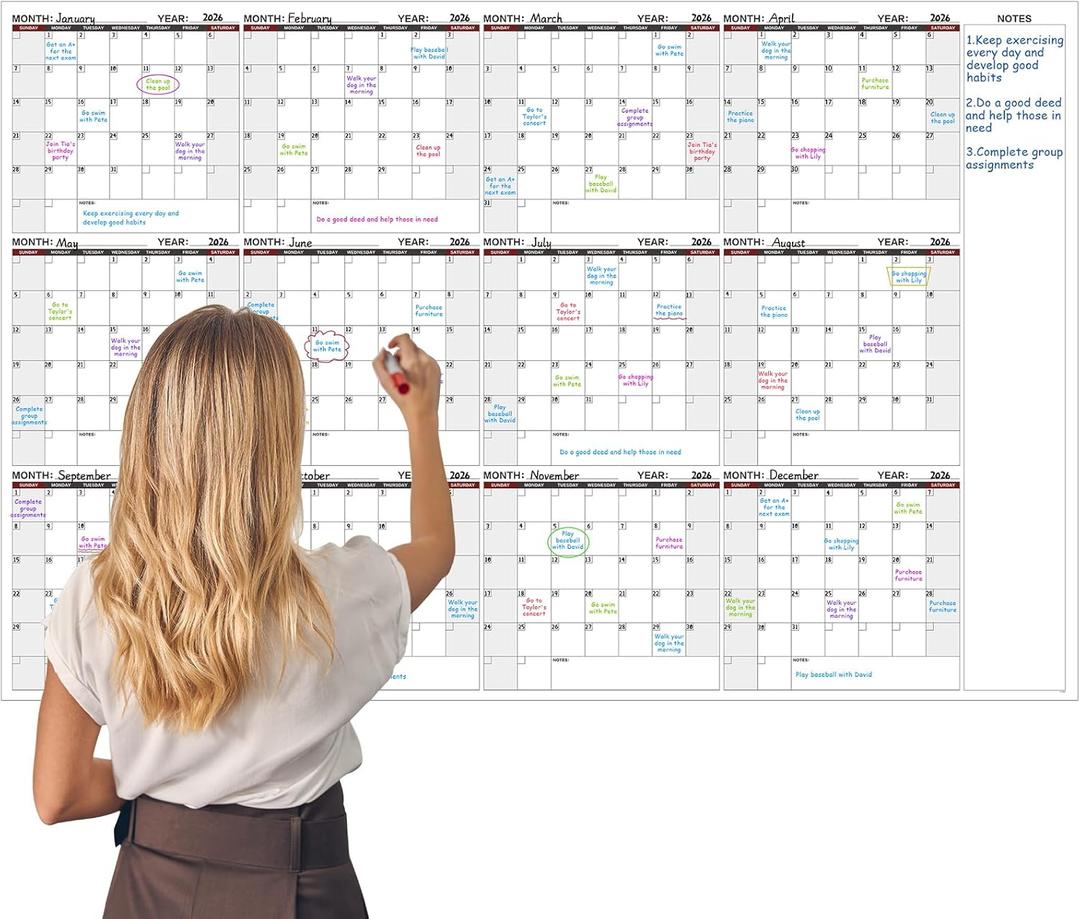 Large Dry Erase Calendar for Wall  Yearly Wall Calendar Dry Erase, 37" x 57.9", 12-Month Undated Erasable & Reusable Laminated Wall Calendar, 15 Round Stickers, Perfect for Home, Office and School - Black With Red