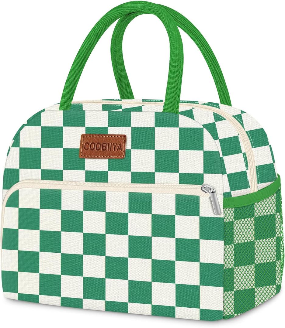 Coobiiya Lunch Bag Lunch Box for Women Men, Cute Lunch Tote Bags Insulated Reusable LunchBags Large Capacity Cooler Bag for Work Travel Picnic adults (Green gingham)
