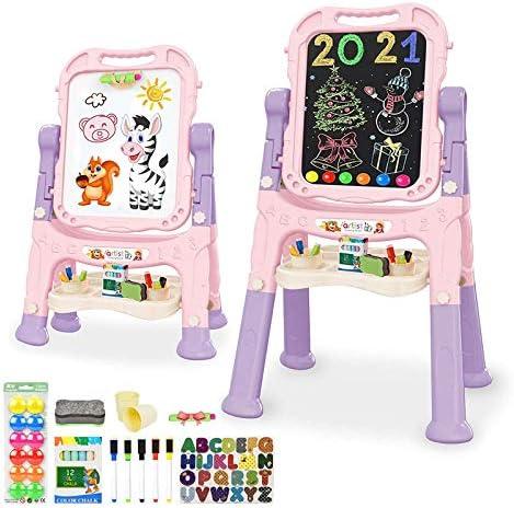 Mojitodon Art Easel for Kids, Adjustable Standing Rotatable Double Sided Easel with Painting Accessories for Toddlers Boys and Girls-Pink