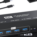 8K@60Hz HDMI Displayport KVM Switch 2 Monitors 2 Computers, 4K@120Hz USB3.0 Dual Monitor HDMI KVM Switches Display Port for 2 Computers Share 2 Screens and 4 USB Devices for Keyboard Mouse Printer