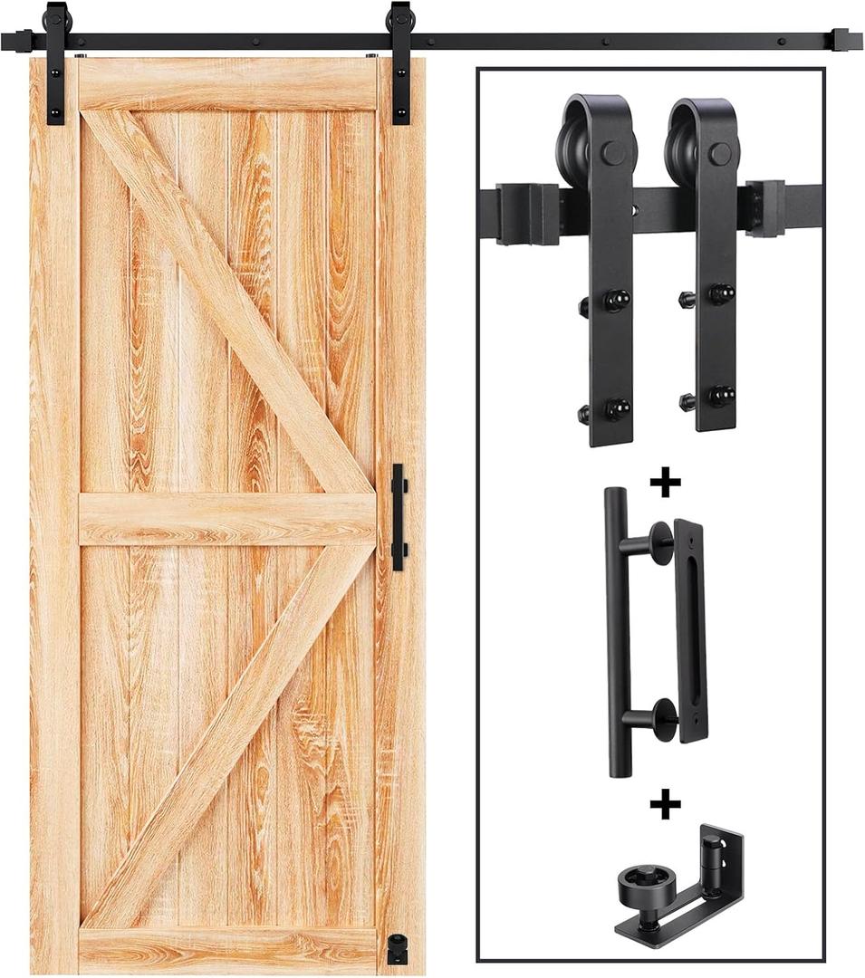 EaseLife 5.5 FT Sliding Barn Door Hardware Kit and Handle Door Hardware Kit, Basic J Pulley, Slide Smoothly Quietly, Easy Install 