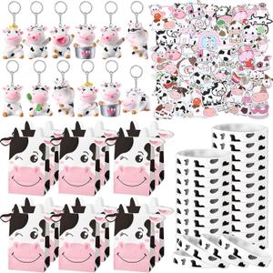 Fumete 86 Pcs Cow Party Favors Supplies Include Cow Keychain Party Paper Bags Keychains Cow Silicone Bracelets Vinyl Stickers for Girls Kids Baby Shower Treat Goodie Birthday Supplies