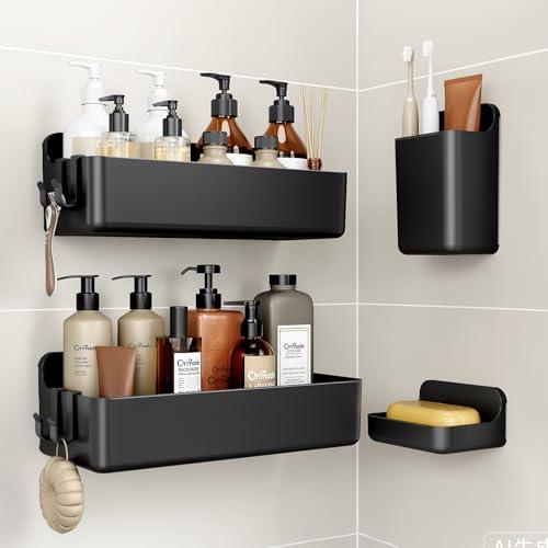 Orimade Shower Caddy 4-Pack, No-Drill Adhesive Shelves for Bathroom, Rustproof ABS Storage Organizer Set, Black