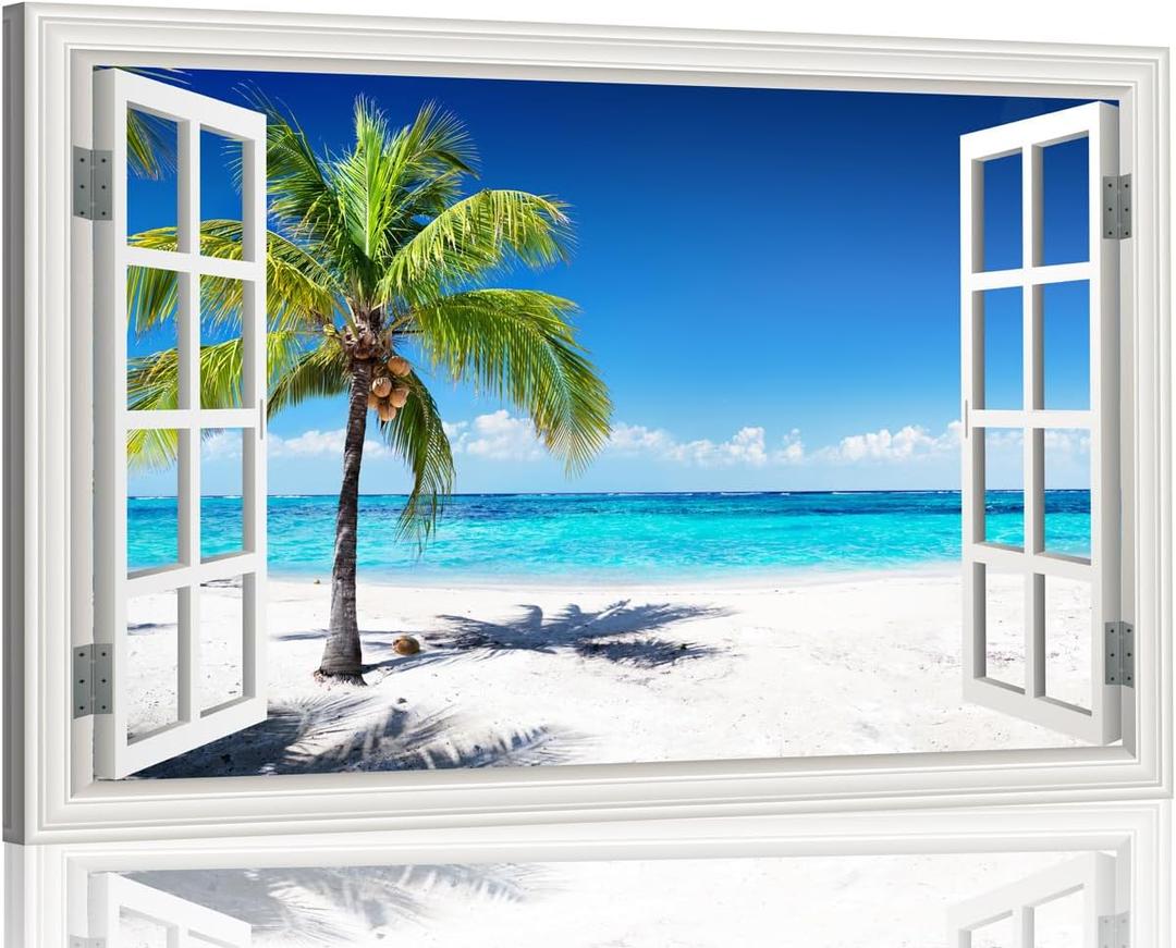 Ocean Wall Art Beach Picture for Living Room White Window Frame Style Palm Tree Art Print on Canvas Large Blue Sea View Painting Artwork for Bedroom Home Office Decoration, Ready to Hang(32"48")