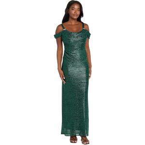 Elegant Long Crinkle Cold Shoulder Gown W/Draped Cowl Neck & Rhinestone Embellished Straps (Green, XXL) 14P