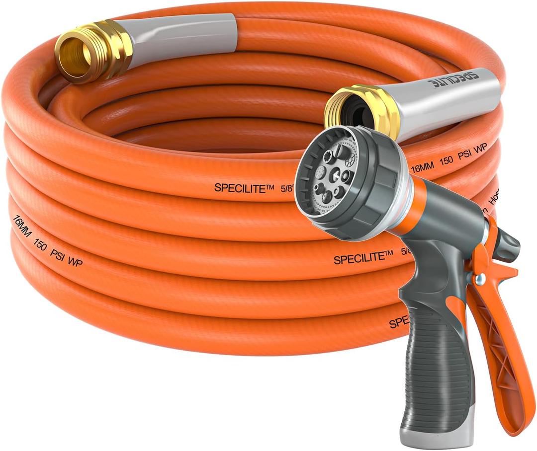 SPECILITE Garden Water Hose 25 ft x 5/8 in Heavy Duty, Flexible and Lightweight, Burst 600 psi, Kink-less Hybrid Rubber Pipe for Backyard, 3/4'' Brass Fittings, Orange SPECILITE Garden Water Hose 25 ft x 5/8 in Heavy Duty, Flexible and Lightweight, Burst 600 psi, Kink-less Hybrid Rubber Pipe for Backyard, 3/4'' Brass Fittings, Orange