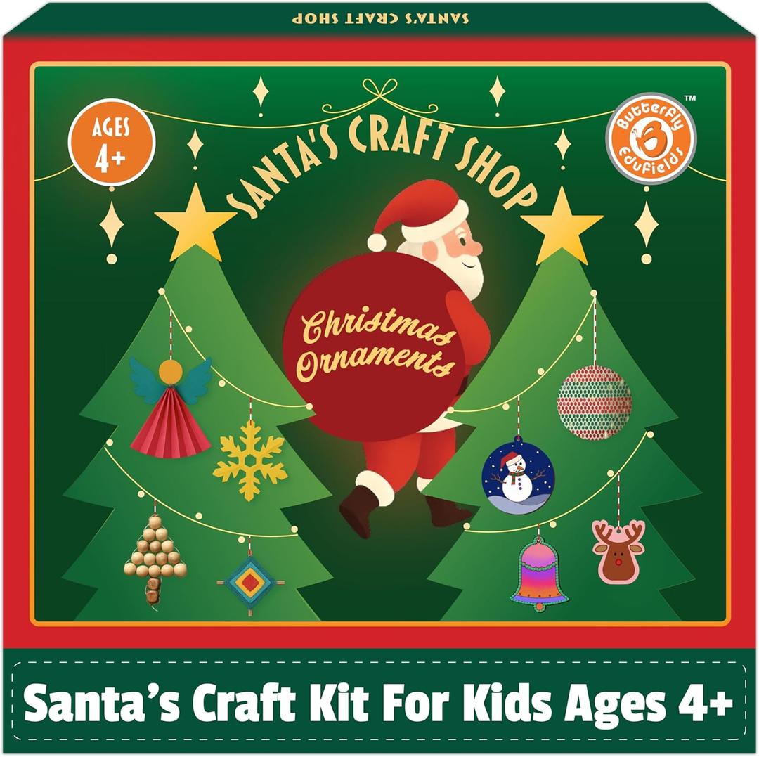 Butterfly EduFields Santas Craft Christmas Activity Kit | Holiday Arts & Crafts Set for Kids Ages 4 5 6 7 8 | Make 20+Ornaments with Wood Painting, Bead Crafts & Gem Art | Christmas Decoration Kit