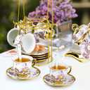 20 Pcs Porcelain Tea Set with Metal Holder, European Ceramic Tea Set for Adults, Adult Tea Set Gift, Flower Tea Cup Saucer Set for Party With Gold Flower Painting (Elegant Purple/500ml)