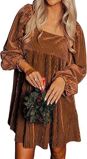Chvity Women Velvet Backless Mini Dress Sqaure Neck Long Sleeve Casual Loose Holiday Party Winter Babydoll Velour Dressess M