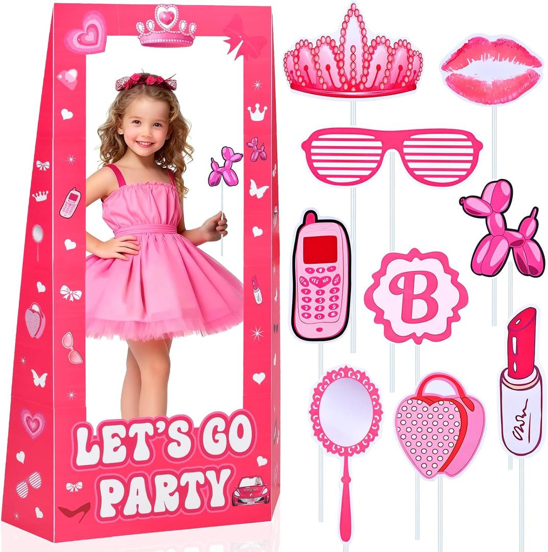 4.5FT Life Size Doll Photo Booth with 9Pcs Photo Props, Pink Princess Birthday Party Decorations for Girls, Doll Theme Photobooth Backdrop & Lets Go Party Supplies for Photoshoot