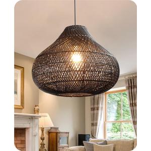 Karjear Black Rattan Chandelier, 16.5 inch Large Wicker Pendant Lights Fixture Hand-Woven Basket Hanging Light for Dining Room Kitchen Island Living Room