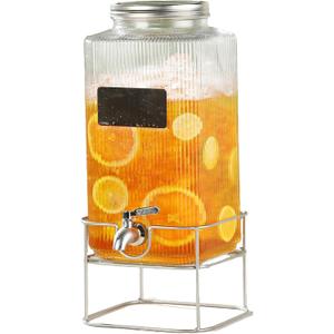 Lulonpon 6L(1.6 Gallon) Glass Drink Dispenser, Beverage Dispenser with Stainless Tap, Glass Water Juice Dispensers with Metal Stand, Water Jug with Tap Perfect for Parties,Weddings,Birthdays (Middle, Clear)